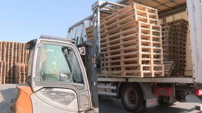 La empresa Querqus trabajando con los palés. / Aragón TV