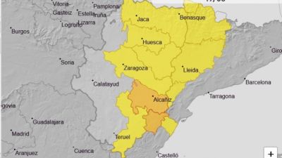 Avisos naranjas por lluvias en Pirineo y por lluvias y tormentas en Bajo Aragón, para este martes. / Gobierno de Aragón
