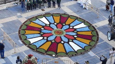 Una de las alfombras realizadas por la Asociación de Alfombristas do Corpus Christi de Ponteareas (Pontevedra). / Ayuntamiento de Zaragoza