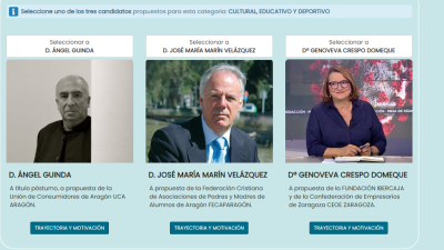 Los tres candidatos a zaragozano ejemplar. / zaragoza.es