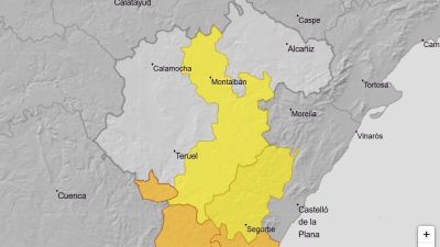 Mapa de avisos por lluvias en Aragón para este último domingo del año. | Aemet