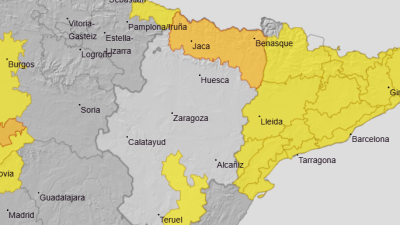 Mapa de avisos de la Aemet en Aragón. / Aemet