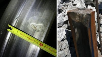 Muescas en la rueda del Iryo y el posible punto de colisión en el carril./ CIAF
