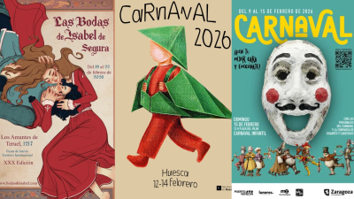 Carteles de Las Bodas de Isabel de Segura de Teruel, el Carnaval de Huesca y el Carnaval de Zaragoza. / Ayuntamientos municipales