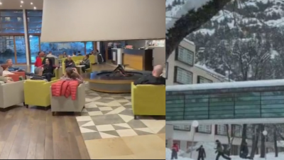 Los jóvenes se mantienen entretenidos jugando con la nieve. Algunos adultos comparten su tiempo en las instalaciones comunes del balneario. / Aragón TV