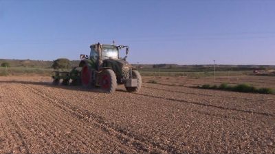Un agricultor trabajando este viernes en un campo de Castelforite (Huesca). / Aragón TV