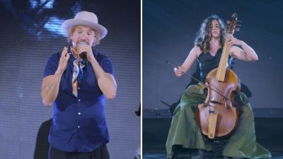 Pilar Almalé y 'Macaco' este sábado en la gala de los Premios de la Música Aragonesa. / Aragón TV