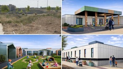 Lugar donde se levantará la futura Escuela Infantil de Arcosur e infografías de cómo será. / Aragón TV / Ayuntamiento de Zaragoza
