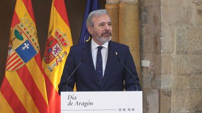 El presidente de Aragón en funciones, Jorge Azcón, en su discurso por el Día de Aragón./ Aragón TV