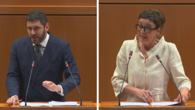 Alejandro Nolasco, portavoz de Vox, y Ana Marín, portavoz del PP. / Aragón TV