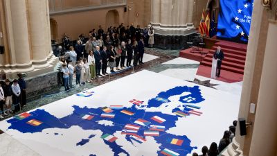 El presidente Azcón, durante el acto institucional por la conmemoración del Día de Europa. / Gobierno de Aragón