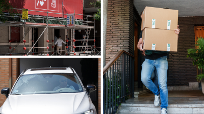 (arriba) sede de Ferraz este miércoles, (abajo) Santos Cerdán abandona su domicilio tras los agentes de la UCO, (dcha) agentes de la UCO salen de la vivienda de Zarrías. / Europa Press / EFE