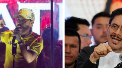 El candidato de ultraderecha Abelardo de la Espriella (izda) habla al final de la jornada electoral este domingo, en Barranquilla (Colombia), y se enfrentará en la segunda vuelta al izquierdista Iván Cepeda, del Pacto Histórico (dcha.) . EFE/ Ernesto Guzmán Jr