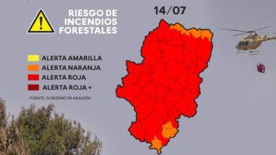 El aviso rojo por peligro de incendios forestales alcanza a prácticamente todo Aragón
