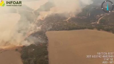 Así se veía este sábado a primera hora el incendio de las Cinco Villas desde el aire. | Infoar
