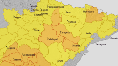 Mapa de avisos naranjas por calor activos para este miércoles en Aragón.