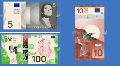 Algunos de los diseños de los nuevos billetes de euro.