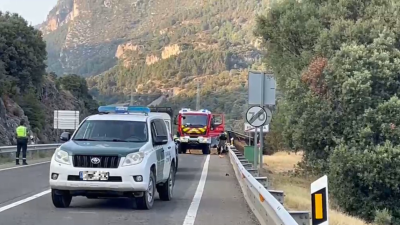 Los bomberos trabajan resfrescan la zona tras el incendio de un camión en la N-330 que comunica Jaca con Canfranc.