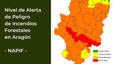 Mapa de alertas de peligros de incendios forestales en Aragón.