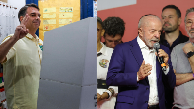 El senador Flávio Bolsonaro (izda) y el mandatario brasileño, Luiz Inácio Lula da Silva, este domingo durante la primera vuelta de las elecciones en Brasil.