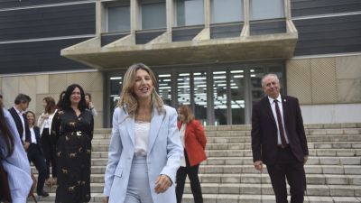 La vicepresidenta segunda y ministra de Trabajo, Yolanda Díaz, durante la celebración del VI Congreso Nacional del Sindicato de Inspectores de Trabajo y Seguridad Social (SITSS), a 16 de octubre de 2026, en Huesca.